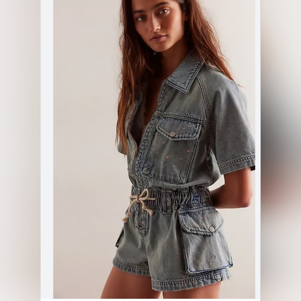 Free People we the free mojave shortall drawstring paint splatter romper size S